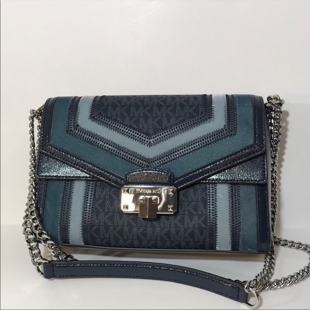 Michael Kors Kinsley Medium shoulder flap bag dark chambray multi color chain - Picture 7 of 8